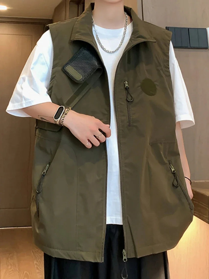 Vest Men Fashion Solid Simple Baggy Spring Autumn Sleeveless Stand Collar Asymmetrical Japanese Style Male High Street Handsome voguable