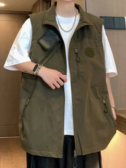 Vest Men Fashion Solid Simple Baggy Spring Autumn Sleeveless Stand Collar Asymmetrical Japanese Style Male High Street Handsome voguable