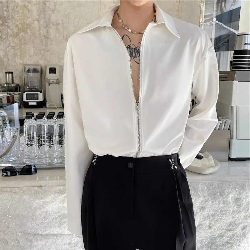 Autumn Men's Clothing Luxury Drooping Zipper Shirts Retro Premium Long-sleeved Solid Color Korean Popular Business Leisure voguable
