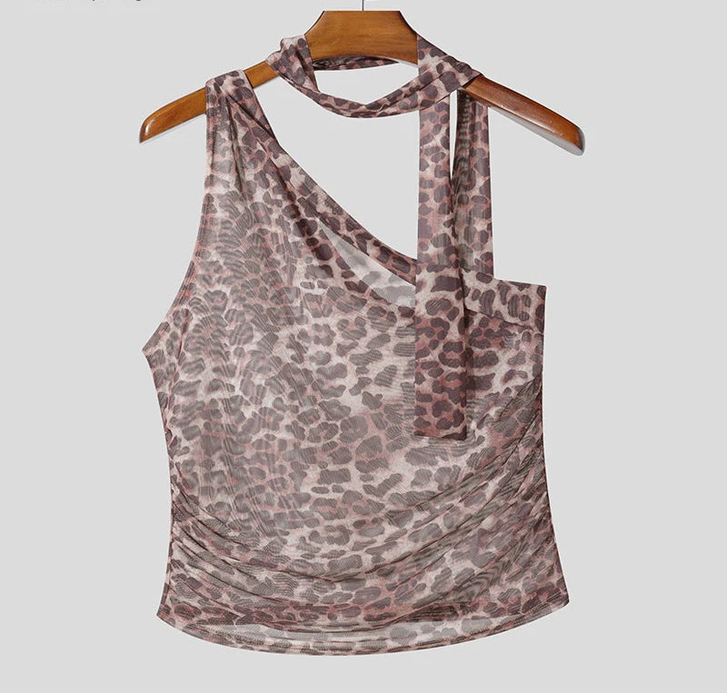 Men Tank Tops Leopard Printing Sleeveless Irregular Vests Men Streetwear 2025 Sexy Transparent Unisex Tops S-5XL Summer voguable