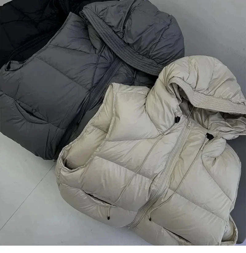Vintage Y2K Puffy Vest Women Loose Sleeveless Warm Winter Cotton Vest Streetwear Casual Retro American Solid Hooded Vest voguable