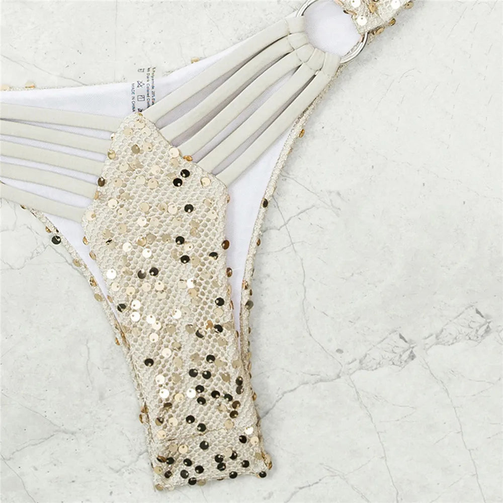 Voguable  Sequin Shell Swimwear String Halter Sexy Micro Bikini Thong Set Swimsuit Women Metal Ring Bathing Suit Bikinis De Mujer voguable