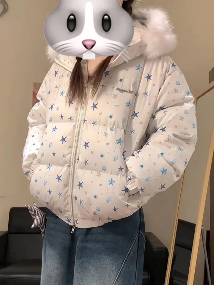 Women Winter Stars Sweet Parkas Fashion Hooded Warm Cute Puffy Coat Japan Long Sleeve Loose Female Preppy Style Chic Jacket New voguable