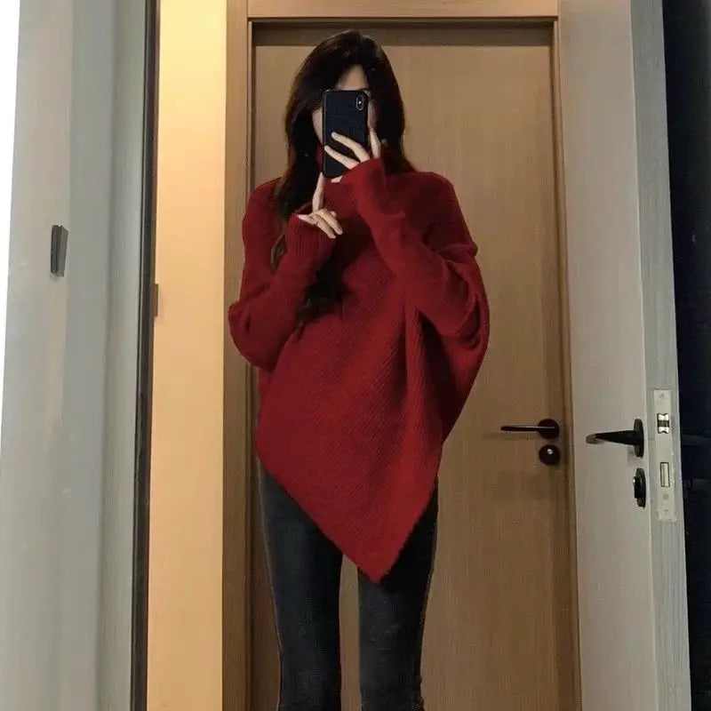 Autumn Winter New Women Sweater Korean Fashion Chic Casual Turtleneck Solid Asymmetr Loose Batwing Sleeve Pullovers Knitted Tops voguable