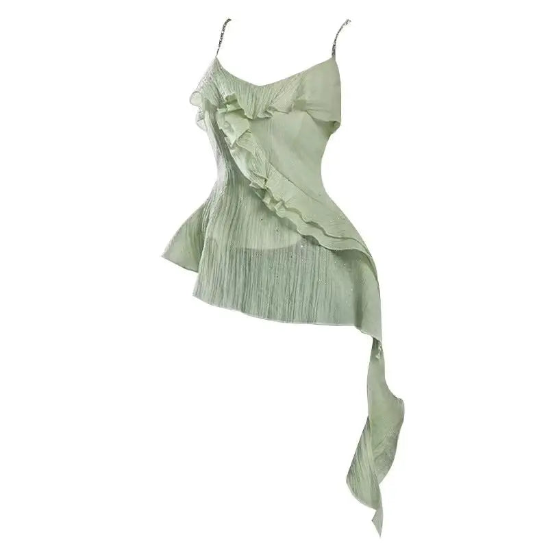 Spicy Girl Fashion Irregular Suspended Tank Top Women Sleeveless Collarbone Ruffle Edge Splice Solid Slim Summer Ribbons Wear voguable