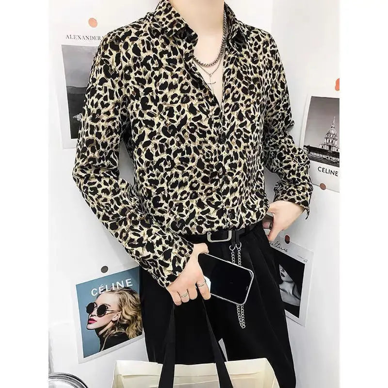 Voguable  Leopard Print Men's Loose Premium Iron-Free Fashion Vintage Long Sleeve Printed Shirt voguable