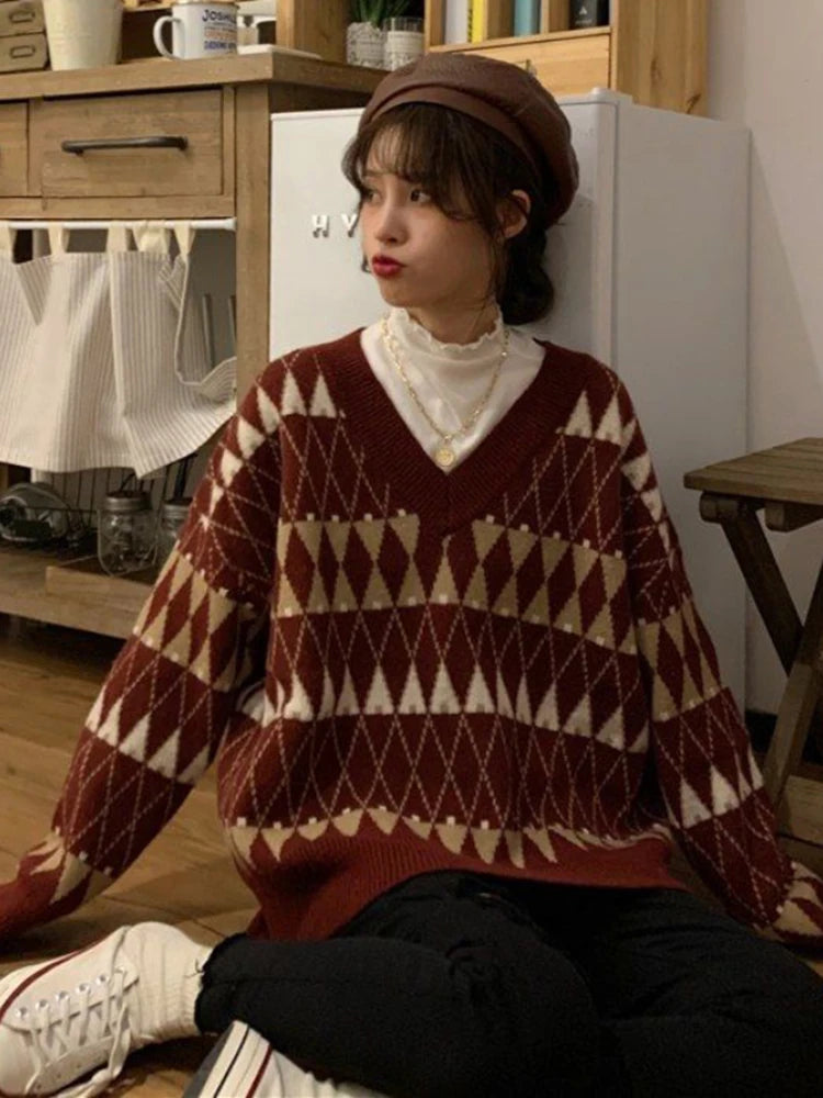 Voguable Sweaters Women Vintage Argyle Korean All-match Chic V-Neck Ladies Pullovers Student Lazy Style Popular Winter Womens Sweater New voguable