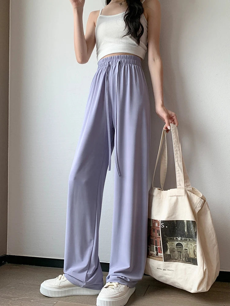 Summer Thin Ice Silk Sun Protection Pants Women Y2K High Waist Loose Wide Leg Trousers Solid All-Match Simple Straight Pants voguable