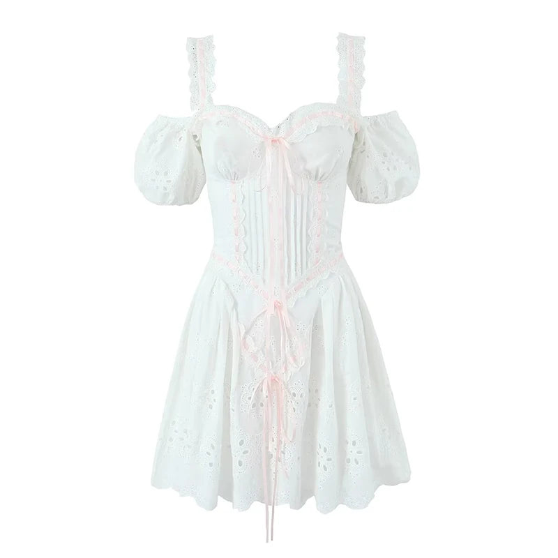 Voguable 3 Ways Wear White Embroidery Dress Short Puff Sleeve Mini Birthday Party Dresses Women Lacing Up Holiday Vacation Dress voguable