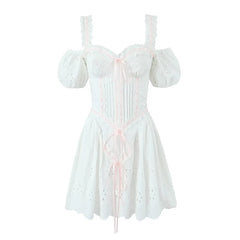 Voguable 3 Ways Wear White Embroidery Dress Short Puff Sleeve Mini Birthday Party Dresses Women Lacing Up Holiday Vacation Dress voguable