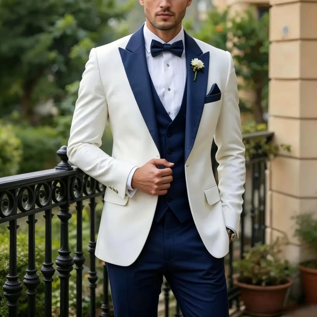 Voguable  Men Suit White 3 Pieces Single Button With Lapel For Wedding Birthday Banquet Party Business Work Office Jacket Vest Pant voguable