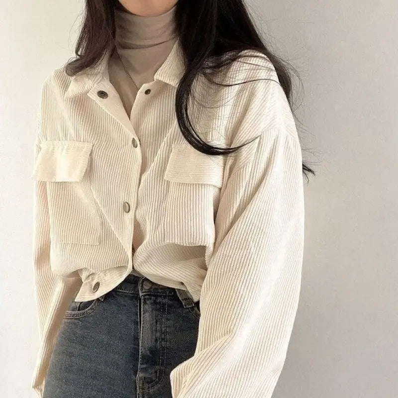 Vintage Corduroy Cropped Jacket Women Korean Fashion Long Sleeve Drawstring Blouses Female Casual Loose Single Breasted Coats voguable