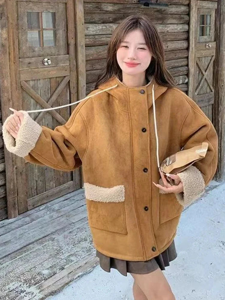 Y2K Streetwear Faux Lamb Suede Jacket Women Vintage Winter Long Sleeve Hooded Coat American Retro Loose Lady Pockets Warm Tops voguable