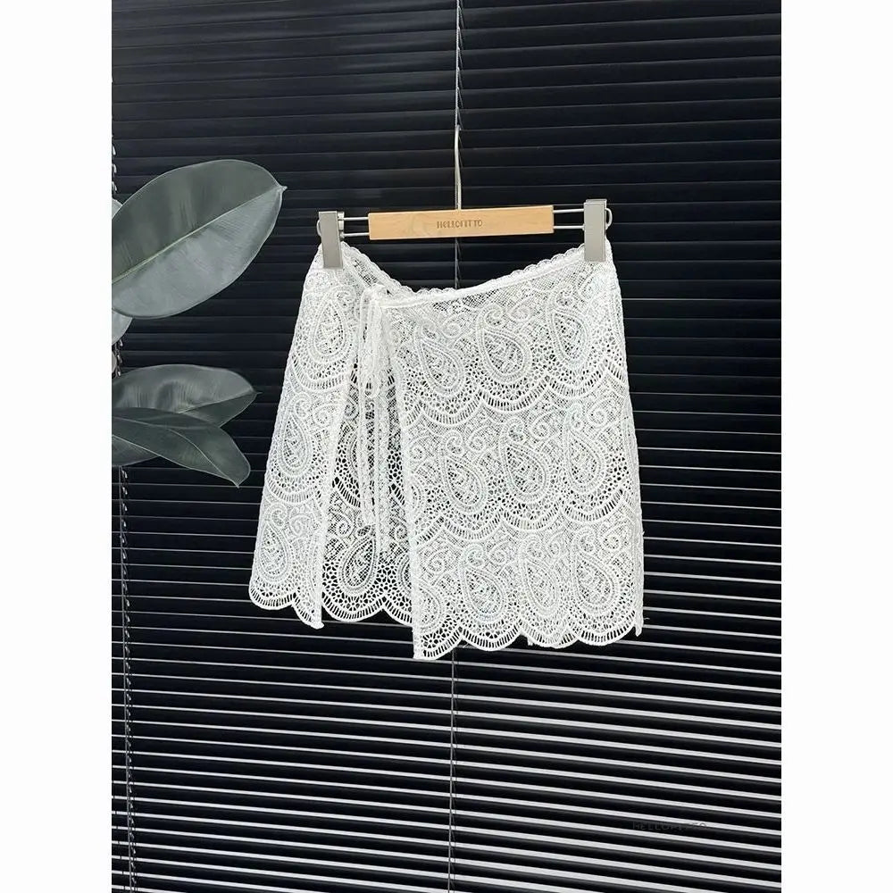 Voguable  Slim Short Korea Chic Mesh Fart Curtain Lace Up All-match French Hot Sell Skirt Exquisite Literary Hollow Out New Faldas voguable