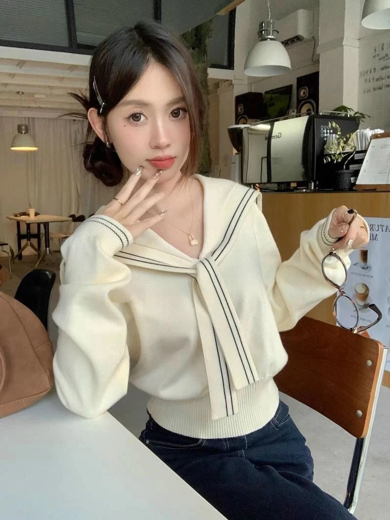 Sweet Sailor Collar Sweaters Women Vintage Preppy Style Fall Knitted Jumpers Casual Long Sleeve Lady Loose Striped Pullover New voguable