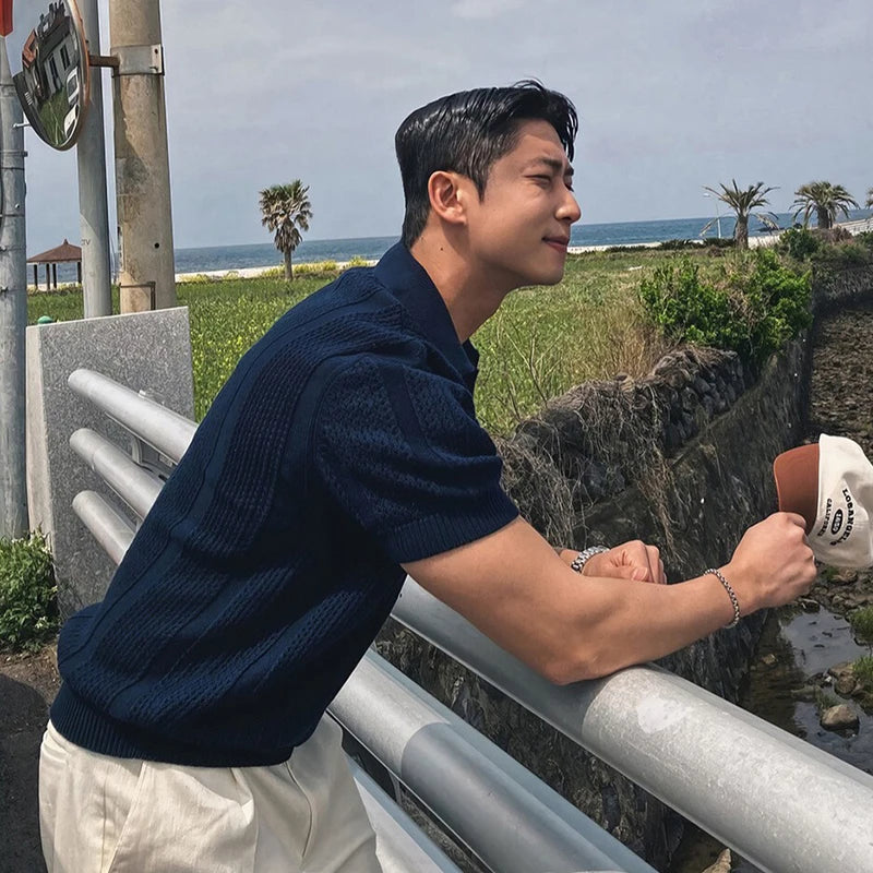 Men's Clothing Luxury Korean Popular Hollow Out Polo Shirt Leisure V Neck Short Sleeve Solid Color Retro Streetwear Knitwear voguable