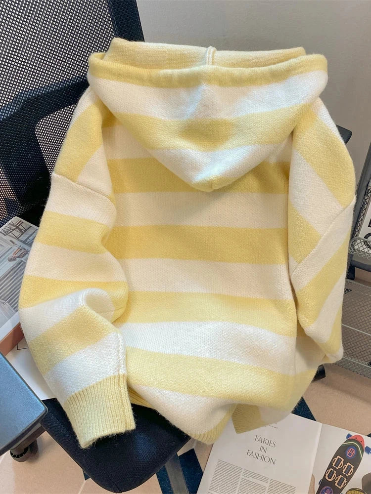 Cartoon Striped Hooded Cardigan Women Loose Cute Long Sleeve Sweet Knitted Sweater Preppy Style Female Kawaii Vintage Tops voguable