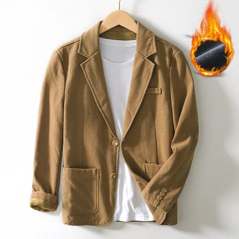 Voguable Autumn Winter New Casual Plush and Thickened Warm Suit Jacket for Men Ramie Loose Vintage Blazers for Men voguable