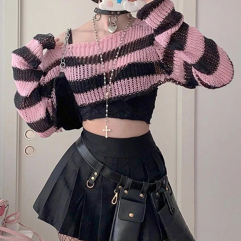 Voguable  Pink Contrast-paneled Crop Smock Top Y2K Aesthetic Cute Knitted Long Sleeve Pullover for Women Sweater Vintage Clothes voguable