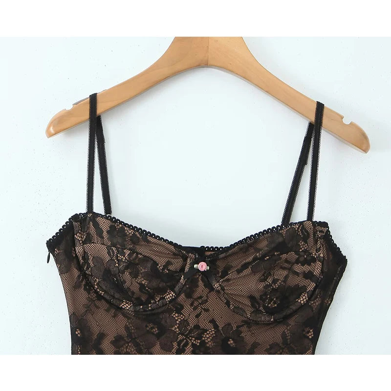New Fashion Women Spaghetti Straps Lace Sexy Dresses Black Beige Backless Hollow Out A-line Mini Dress Night Out Robe voguable
