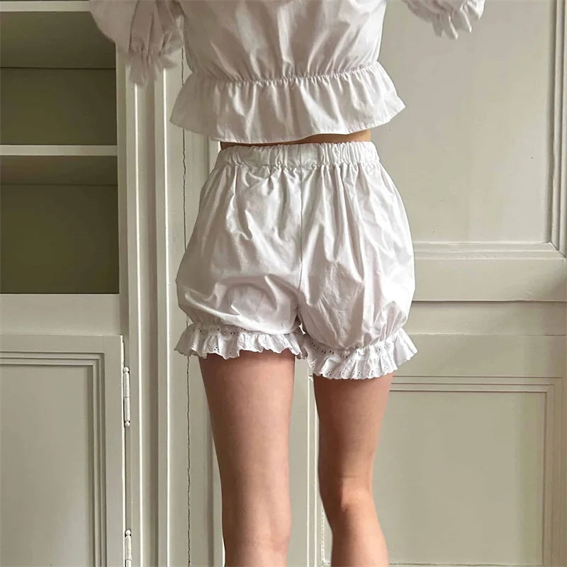 White Bloomers Ruffle Hem Bottoms Women Solid Color Elastic High Waist Panties Coquette Clothing y2k Victorian Shorts voguable