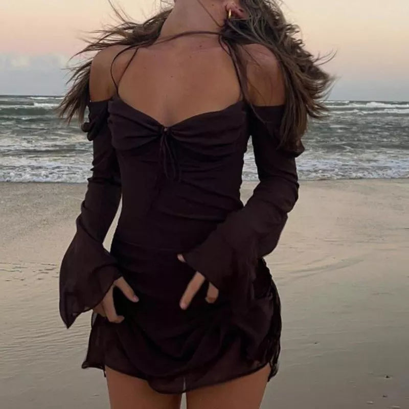 Y2K Fairycore Mesh Halter Dress Chic Women Flare Sleeve Side Drawstring Ruched Mini Dress Elegant Lady Beach Holiday Club Party voguable