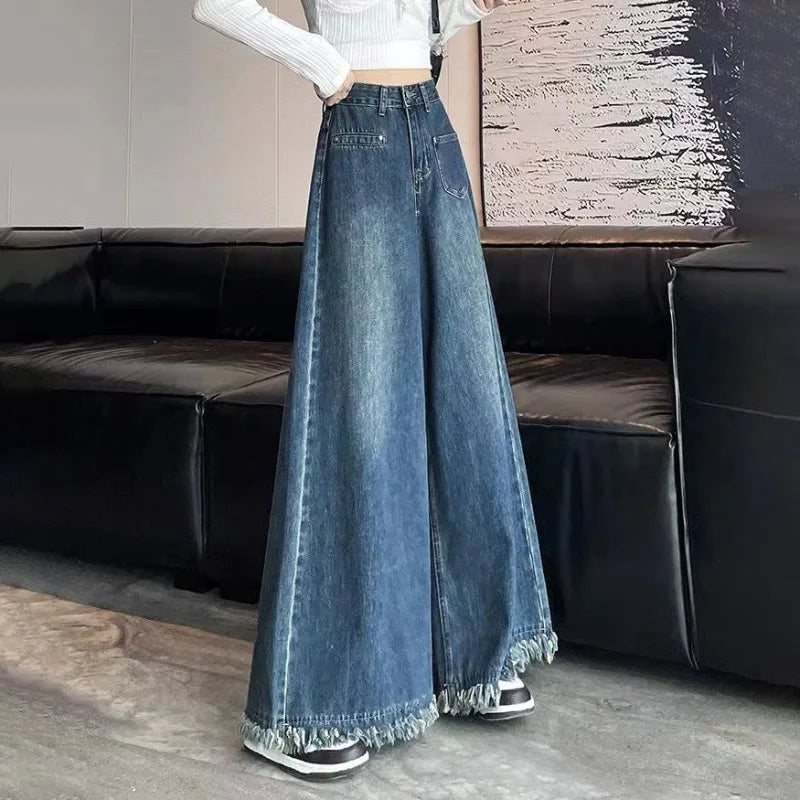 Voguable  Washed Burrs Wide Leg Denim Trousers Women's Spring Autumn New Fashion Vintage High Waist Loose Street Mop Pants voguable