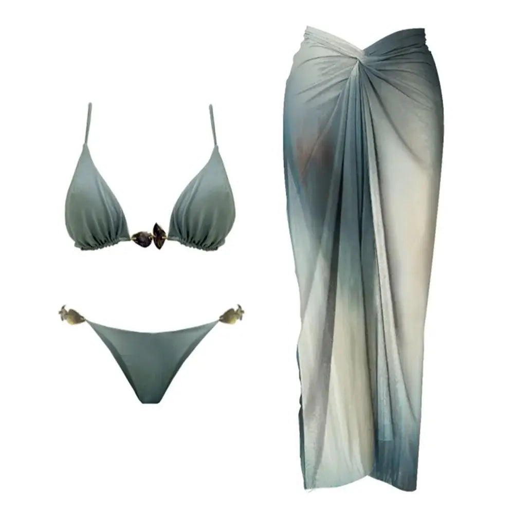 3Pcs Shiny Button Biquini Sexy Bikini Women Swimsuit 2025 Female Swimwear Bandeau Swimming Suit Bodysuit Swim Suits Beachwear voguable