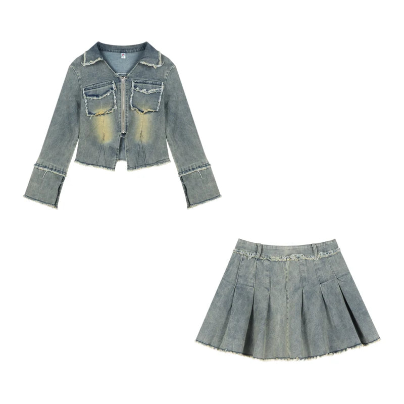 Voguable Autumn New Streetwear Distressed Washed Casual Long-sleeved Jacket Women + High Waist Pleated Denim Skirt Two-piece Suit voguable
