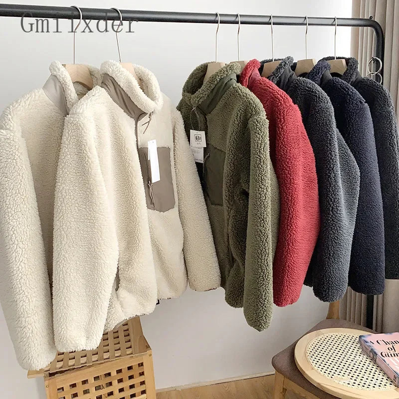 Autumn Winter Lambswool Coat Male Loose Windproof Warm Sherpa Stand Collar Polar Fleece Jacket Unisex Simple  Pocket Spliced Top voguable