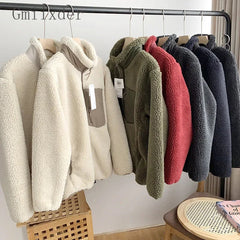 Autumn Winter Lambswool Coat Male Loose Windproof Warm Sherpa Stand Collar Polar Fleece Jacket Unisex Simple  Pocket Spliced Top voguable