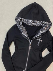 Voguable  Vintage Y2k Leopard Print Trend Girl Dressing Up Hoodies Black Classic Zip Up Gothic Sweatshirts for Women's Loose Hoodies voguable