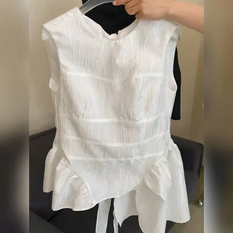 Voguable  Elegant Fashion O-neck Bow Lace Up Tank Top Summer New Ruffles Vest for Women Y2k Irregular Sleeveless Blouses voguable
