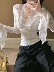 Women's Long Sleeve Lace Top V-neck Flared Sleeve Sheer Lace Crop T-shirt Teen-girl Coquette Fairycore Y2K Outfit voguable