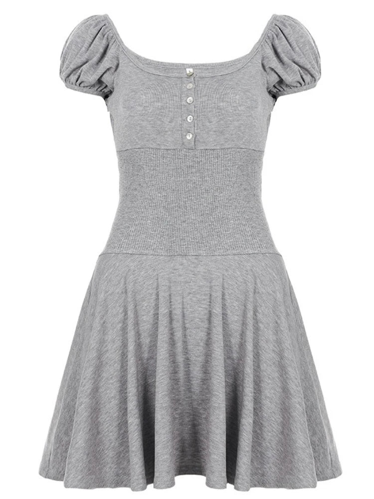 Voguable  American Y2k  Elegant Temperament Square Collar Puff Sleeve Slim Waist  High Waist Summer Dresses voguable