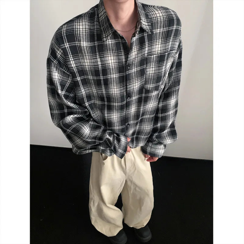 Black Long Sleeved Shirt Men Retro Plaid Shirt Men Japanese Streetwear Loose Casual Shirt Mens Fashion Shirts Plus Size 5XL voguable