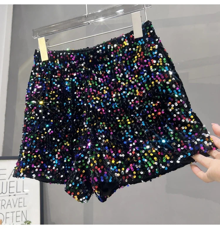 Voguable  Europe and America Sequined Black Shorts Slim Suede Embroidered Beads Grey Casual Pants Women's Hot Pants voguable