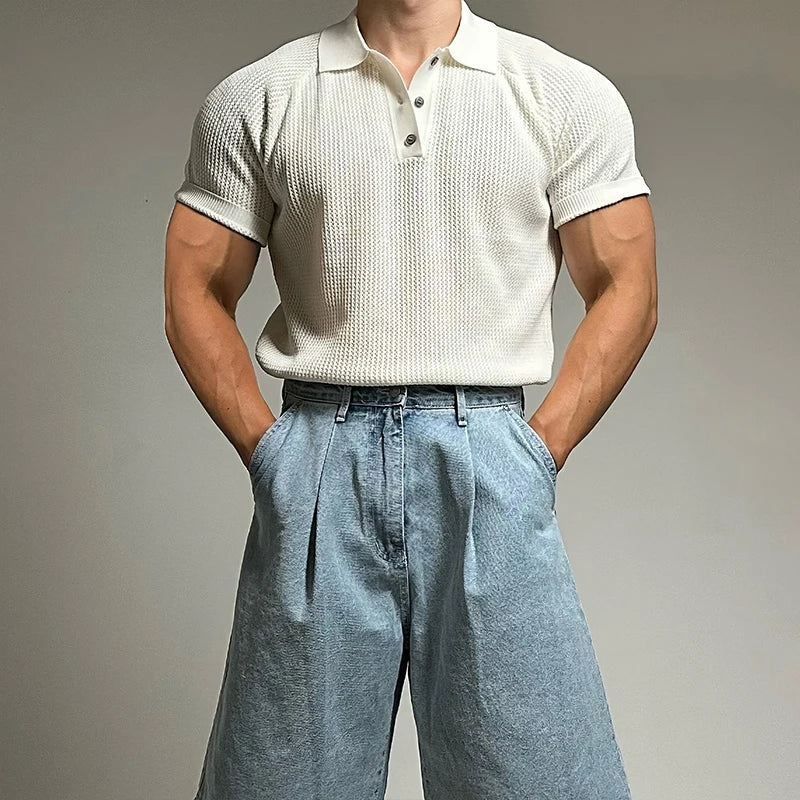 New Trend Men Polo Shirt Leisure Vintage High Quality Knit T-shirt American Style Chic Breathable Button Short Sleeve Knitwear voguable