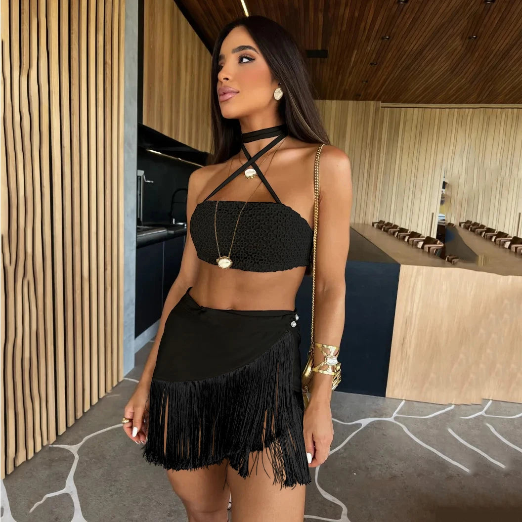 Black Beach Dress Women's Swimsuit Sexy Swimwear Bikini Skirt Female Kimono Beach Outing Pareo Beach Cover Up Bath Suits voguable