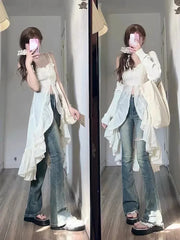 Voguable 2000s Vintage Y2k Clothing Korean 2 Piece Skirts Sets Women Casual Y2k Crop Top Blouse + Strap Mini Dress Japanese Beach Party voguable