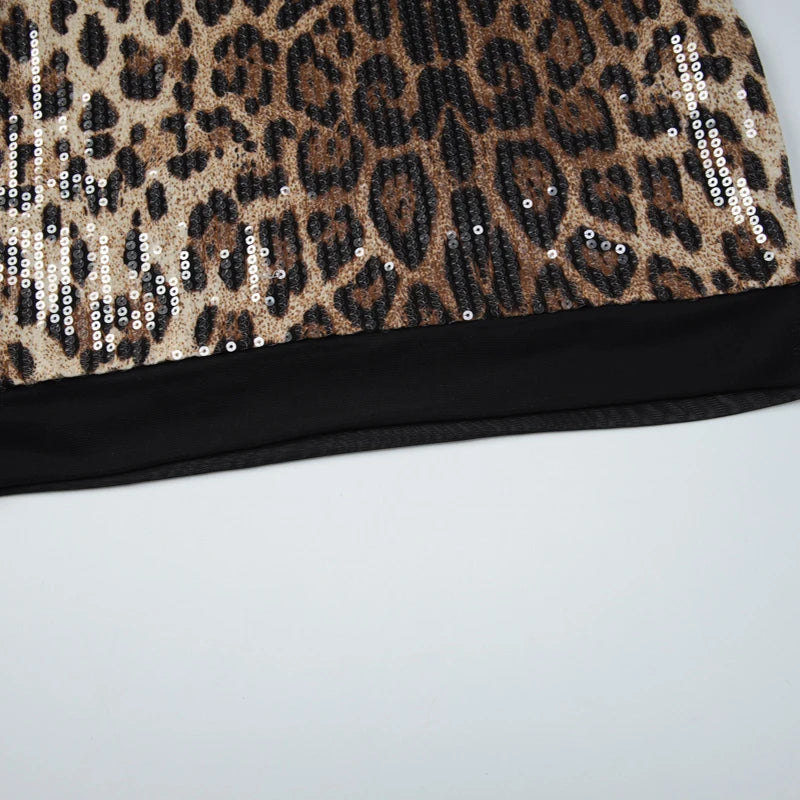 Voguable  Women Summer New Fashion Sequins Leopard Patchwork Mesh Spaghetti Strap Backless Night Club  Mini Bodycon Dress Vestidos voguable