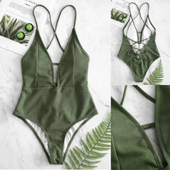 Voguable Lace Splicing Back Hook Closure One Piece Swimsuit Women Solid Green Bandage Swimwear Beach Backless Monokini Bathing Suit voguable