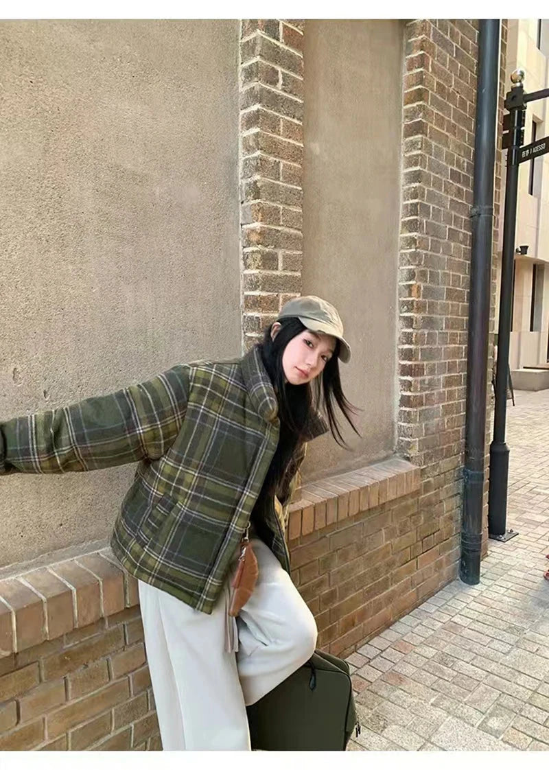 Retro Streetwear Y2K Plaid Parkas Women Winter Warm Thick Hip Hop Cotton Coat American Harajuku Stand Collar Bf Vintage Jacket voguable