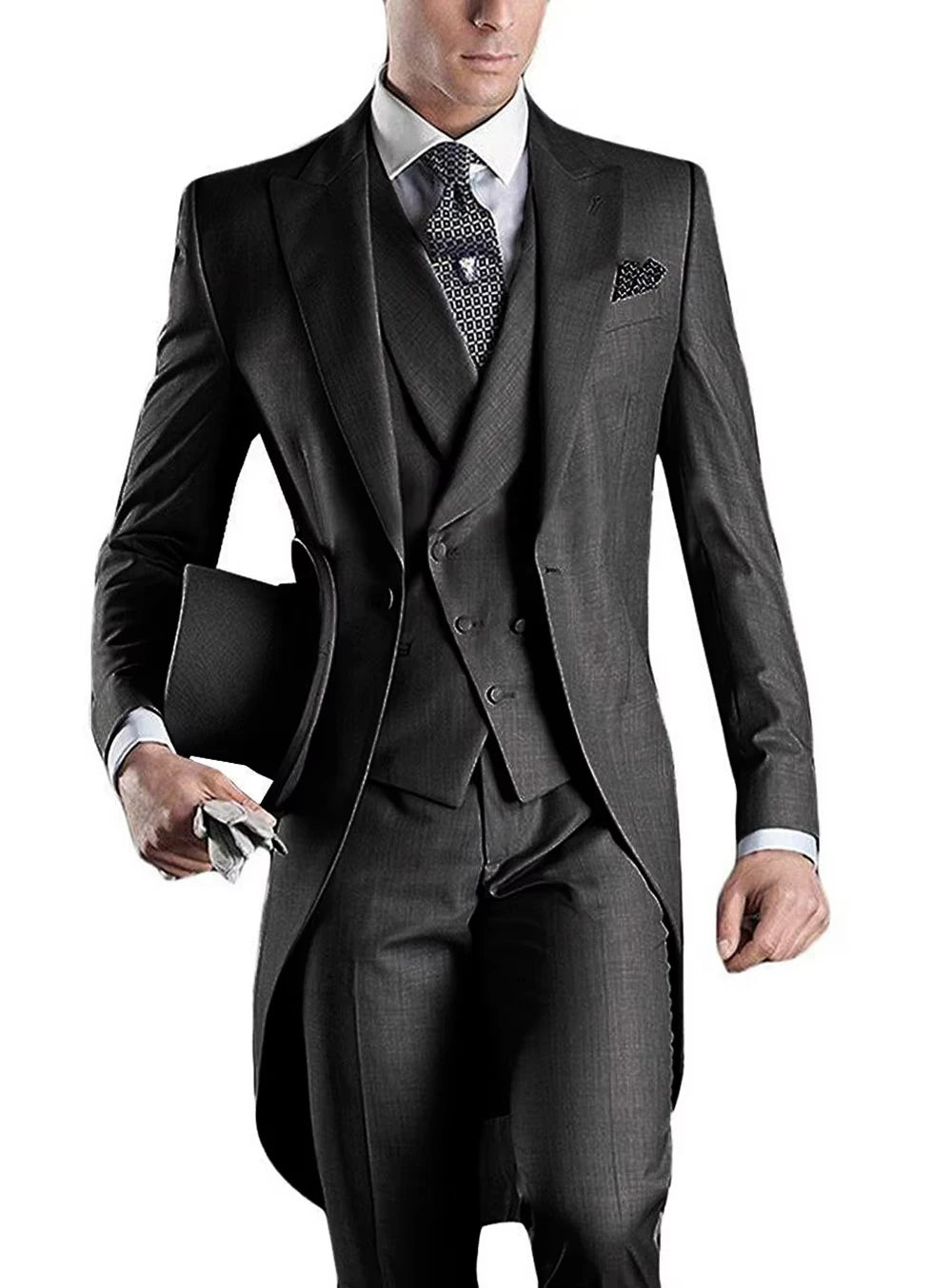 Voguable  Men Suit 3 pieces Slim Fit British Style Peaked Lapel V Neck Tuxedo Fashion Groomsmen Wedding Suits Men Blazer+Vest+Pant voguable