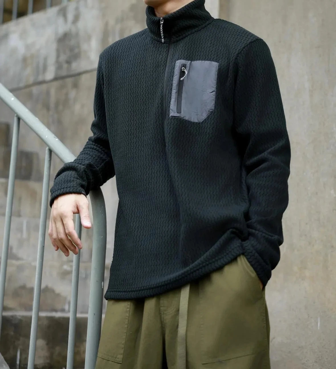 Voguable  Outdoor Half Zipper Fleece Sweatshirt Couple Style Stand Collar Wave Texture Thermal Casual Men's Women's Warm Cardigan Sweater voguable
