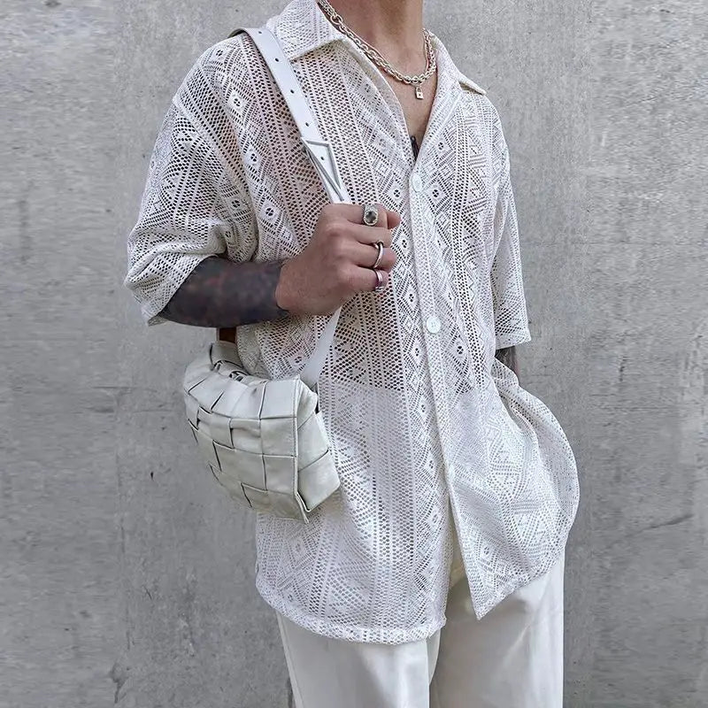Summer Men's Clothing Mesh See Through Mesh Sexy Shirt Short Sleeve Fishnet Button-down Retro Chic Streetwear Party Blouse S-5XL voguable