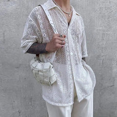 Summer Men's Clothing Mesh See Through Mesh Sexy Shirt Short Sleeve Fishnet Button-down Retro Chic Streetwear Party Blouse S-5XL voguable