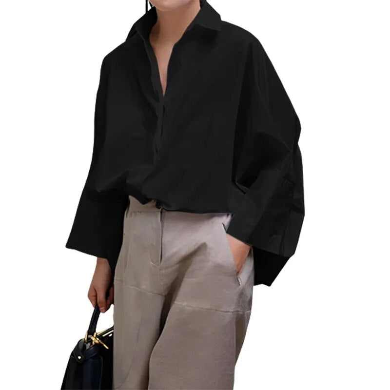 Stylish Selection Solid Color Lapel Collar Black White Blouse Spring Autumn Loose Causal Shirts Tops For Office Lady voguable