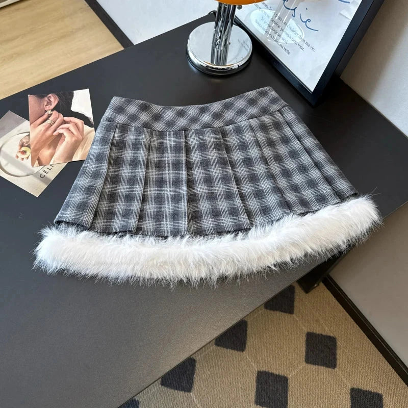 Sexy Sweet Plaid Skirt Women High Waist Faux Woolen Fashion Korean Mini Skirts Fall Winter Preppy Style Slim A Line Skirt voguable
