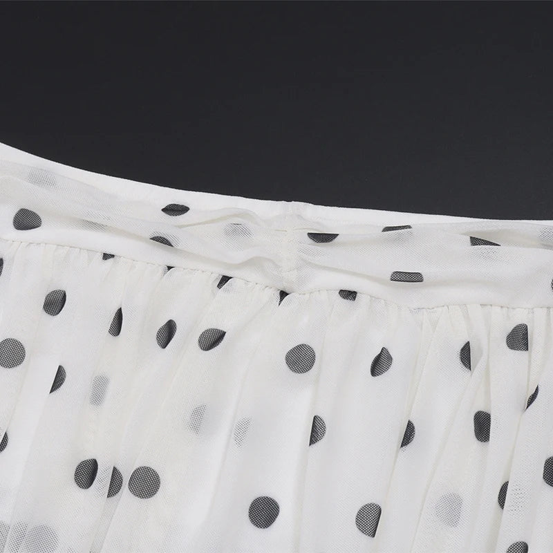 Voguable  Women's Vintage Polka Dot Chiffon Mesh Mini Dress Strapless Pleated Tie Up Bowkont Sheath Cute Girl Night Club Vestidos voguable